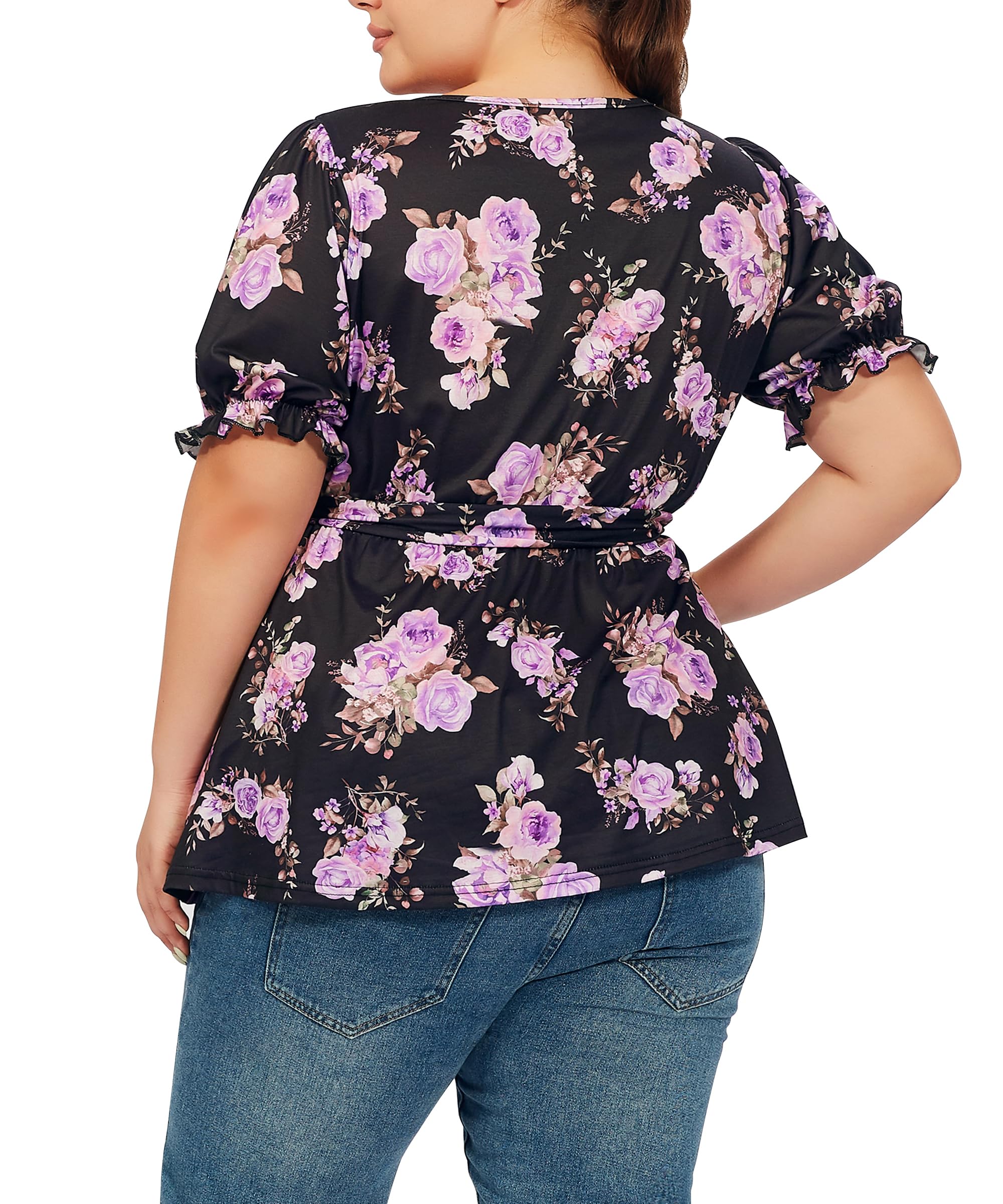 Plus Size Tunic Tops Puff Sweetheart Neck-Purple Floral Print - Image 6