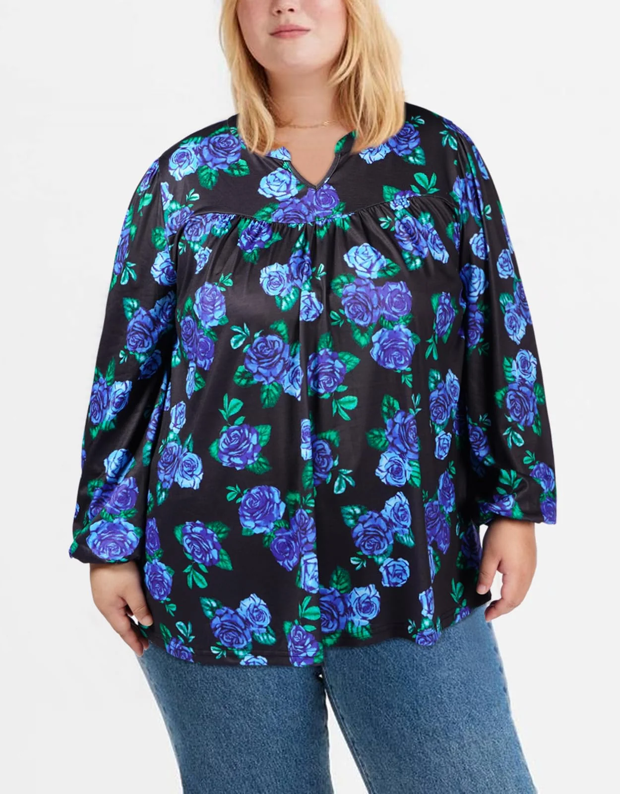 Plus Size Women's Casual Blouses - Blue Floral - Image 3