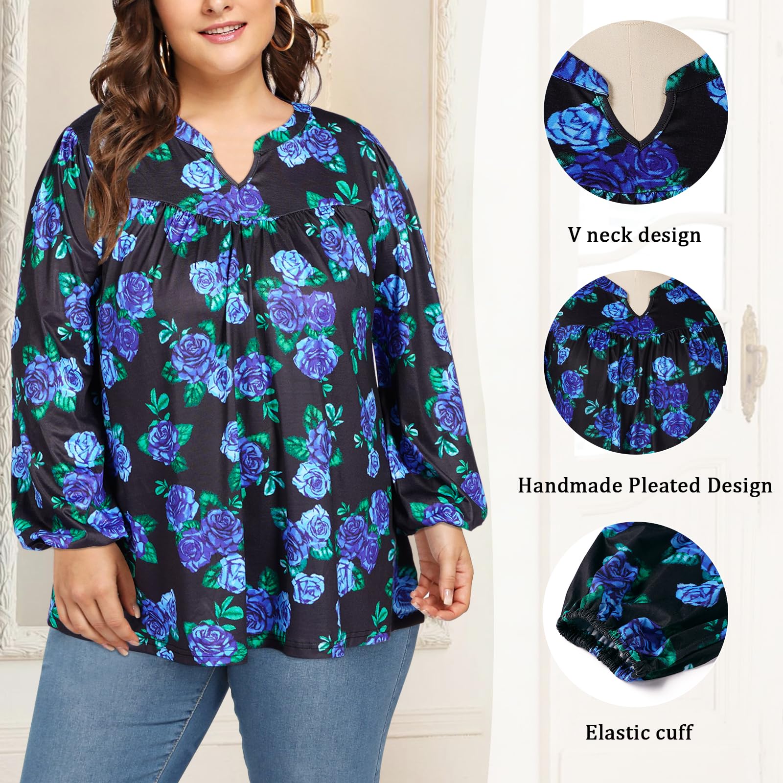 Plus Size Women's Casual Blouses - Blue Floral - Image 4