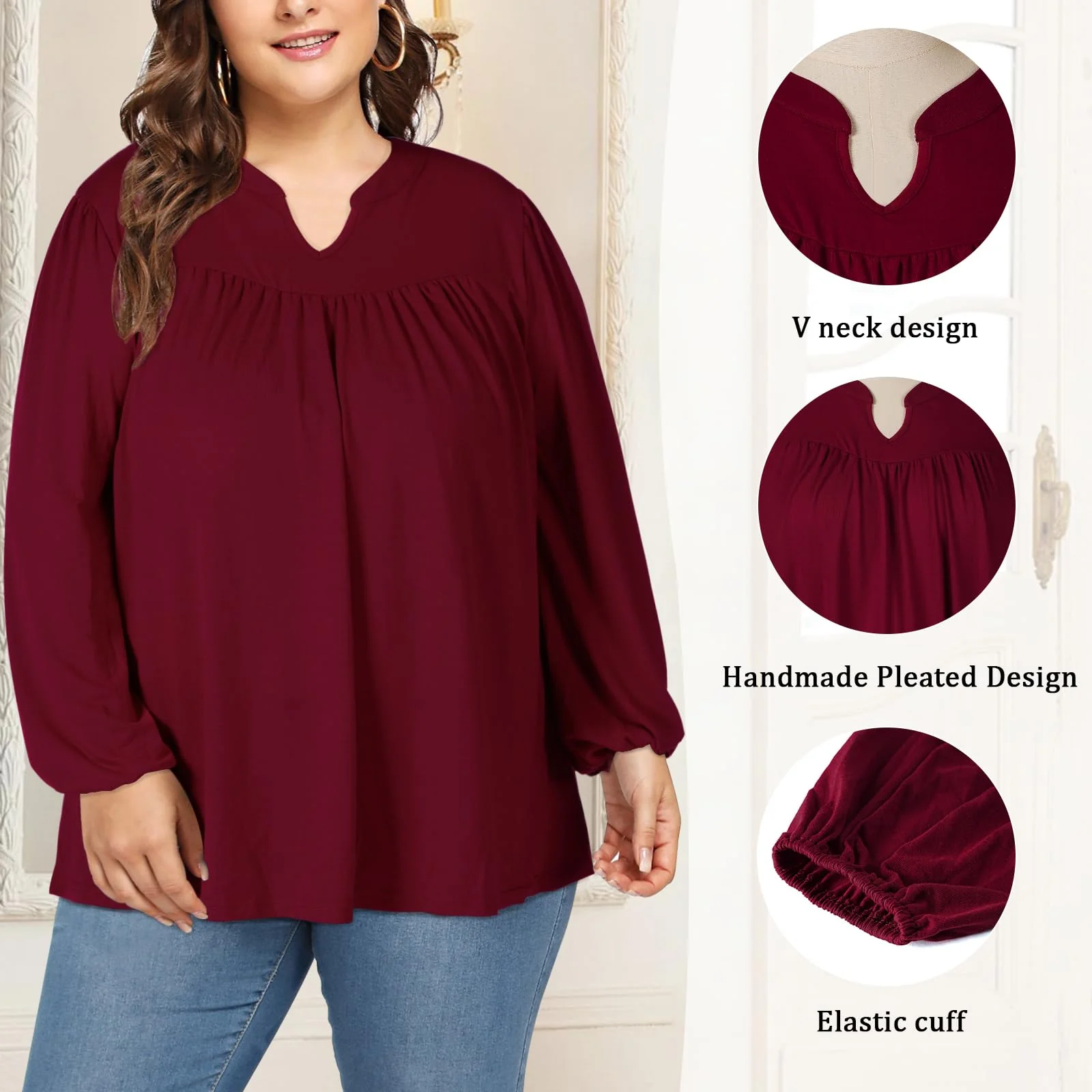 Plus Size Women's Casual Blouses - Wine Red - Image 4