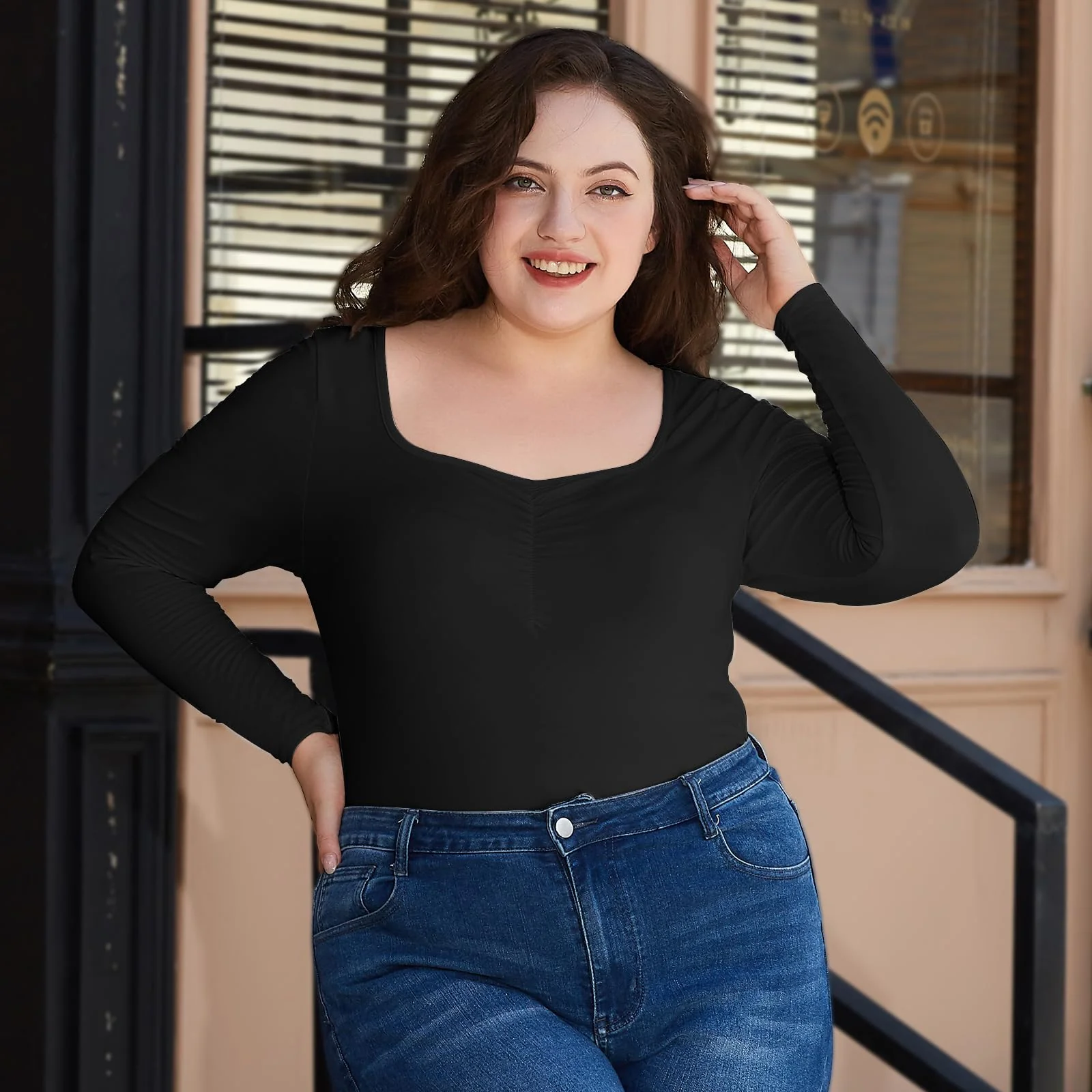 Plus Size Womens Long Sleeve Tops Square Neck - Black - Image 3