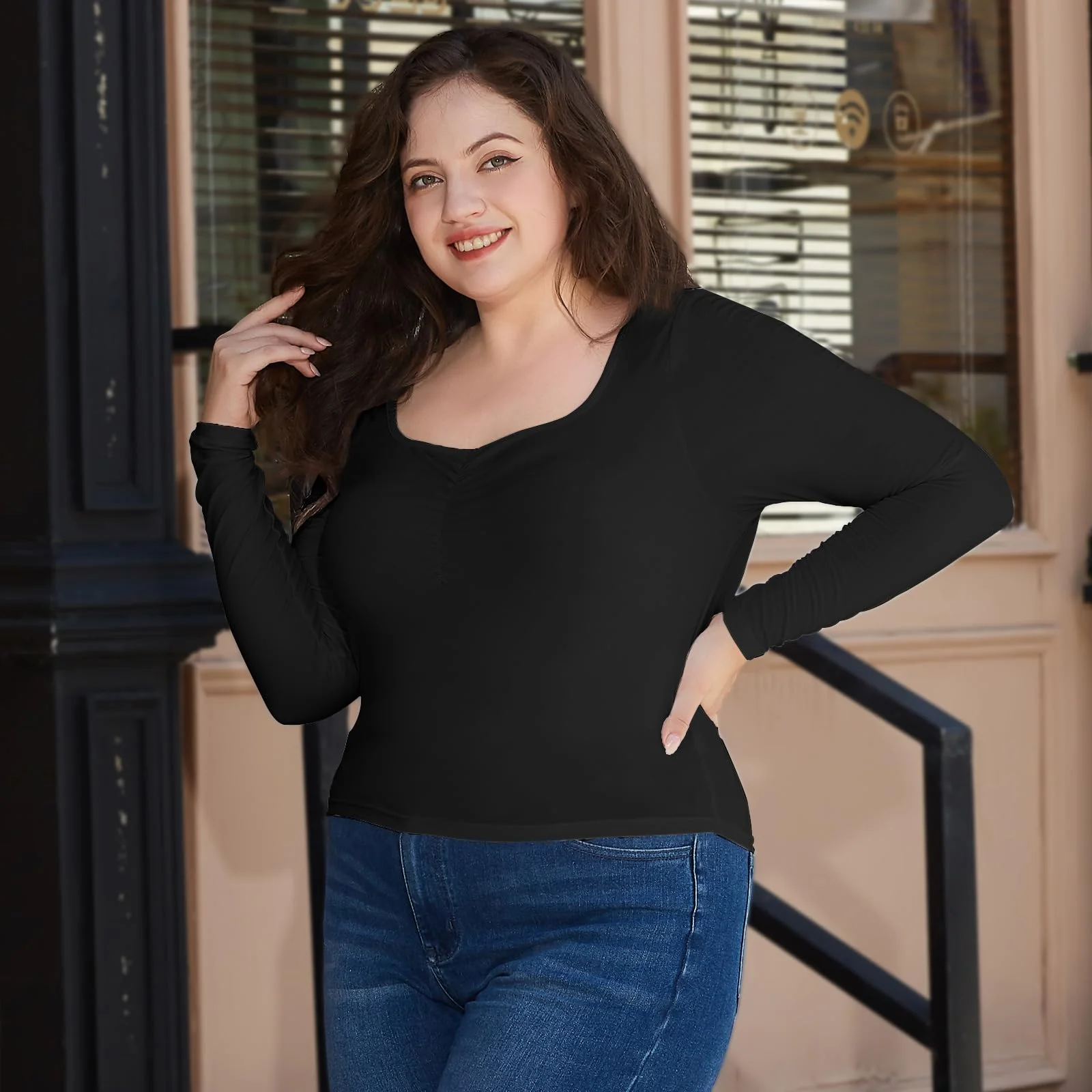 Plus Size Womens Long Sleeve Tops Square Neck - Black - Image 4