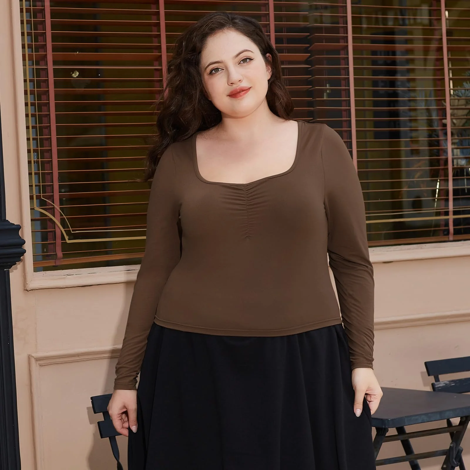Plus Size Womens Long Sleeve Tops Square Neck - Coffee - Image 4