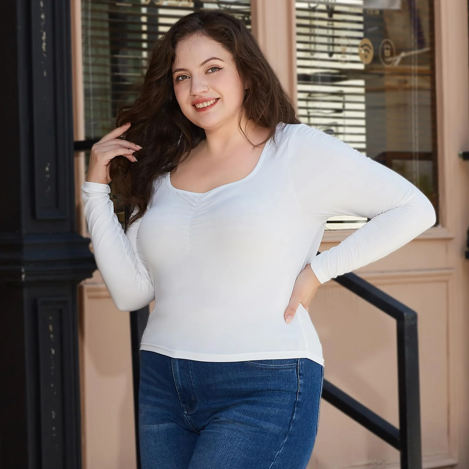 Plus Size Womens Long Sleeve Tops Square Neck - White - Image 3
