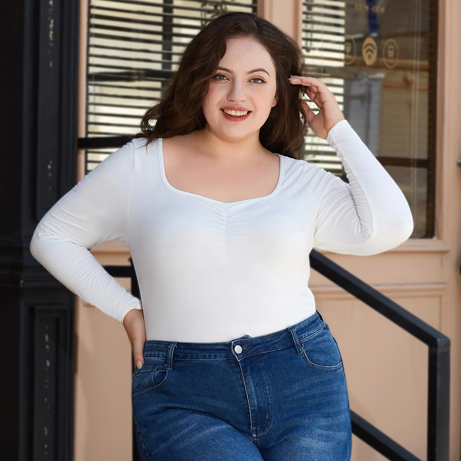 Plus Size Womens Long Sleeve Tops Square Neck - White - Image 4