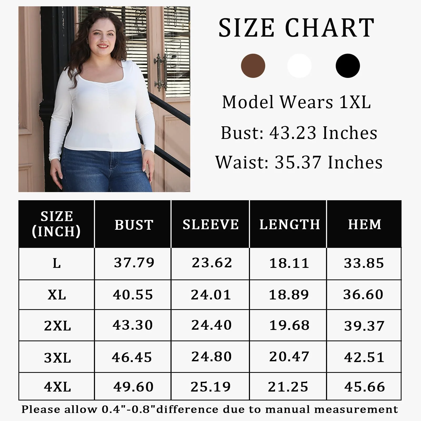 Plus Size Womens Long Sleeve Tops Square Neck - White - Image 6