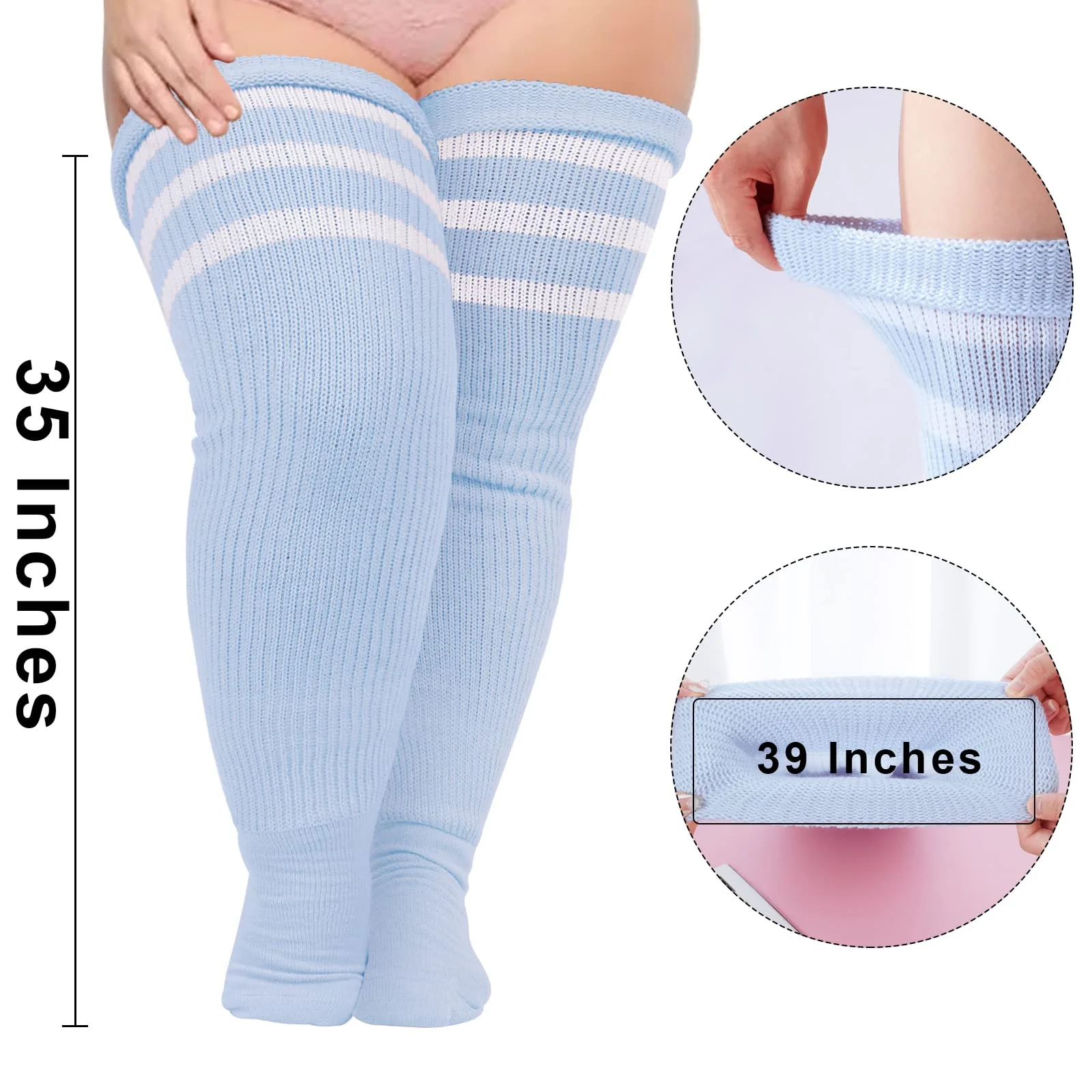 Plus Size Womens Thigh High Socks- Baby Blue & White - Image 4