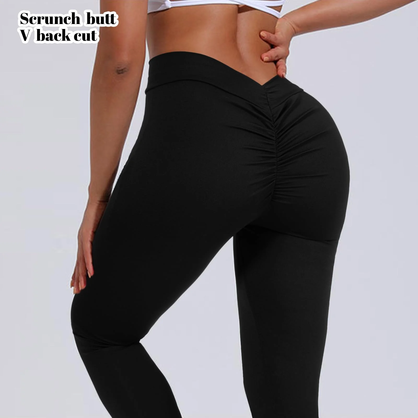 V Back Scrunch Leggings Soft Butt Lifting - Black - Image 7