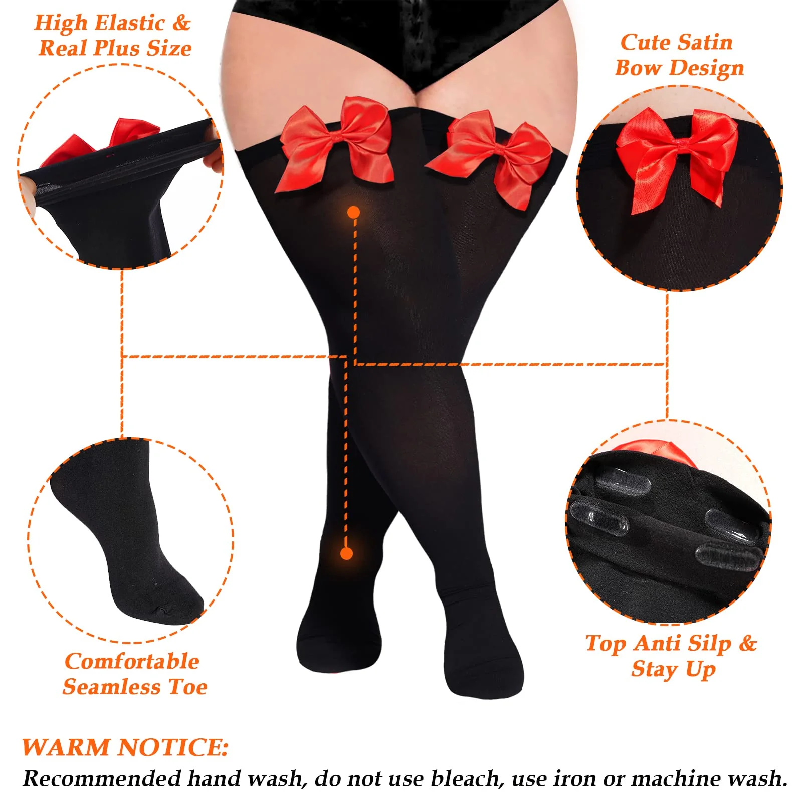 Women Plus Size Bow Thigh High Stockings-Black - Image 3