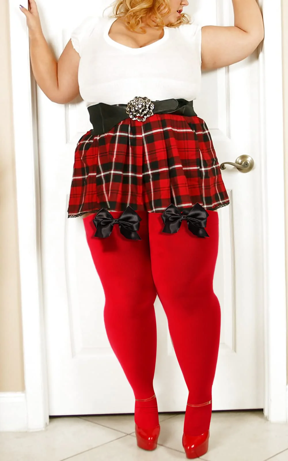 Women Plus Size Bow Thigh Highs Stockings-Red - Image 5