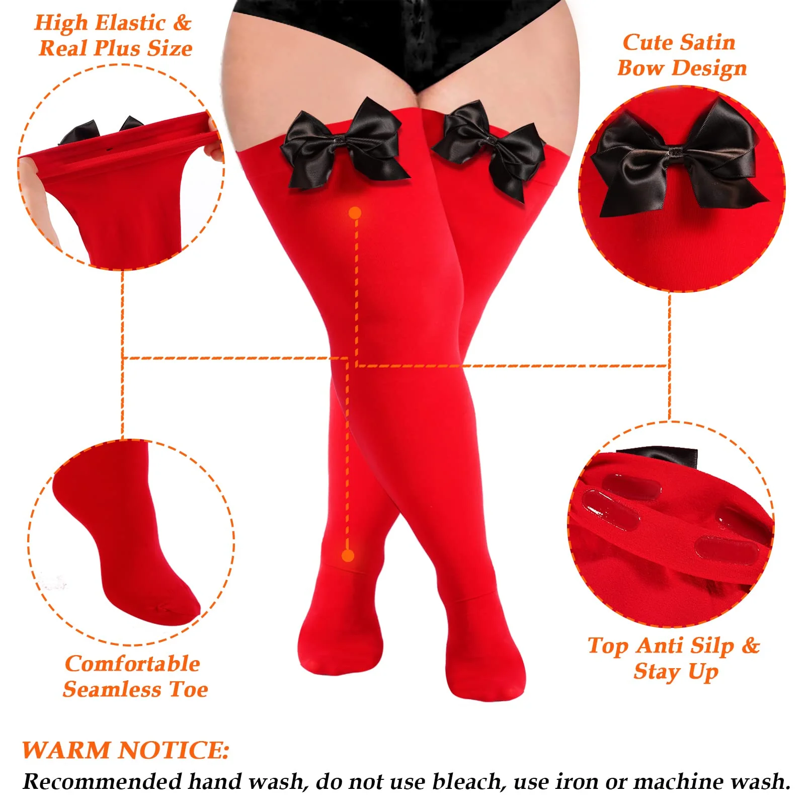 Women Plus Size Bow Thigh Highs Stockings-Red - Image 7