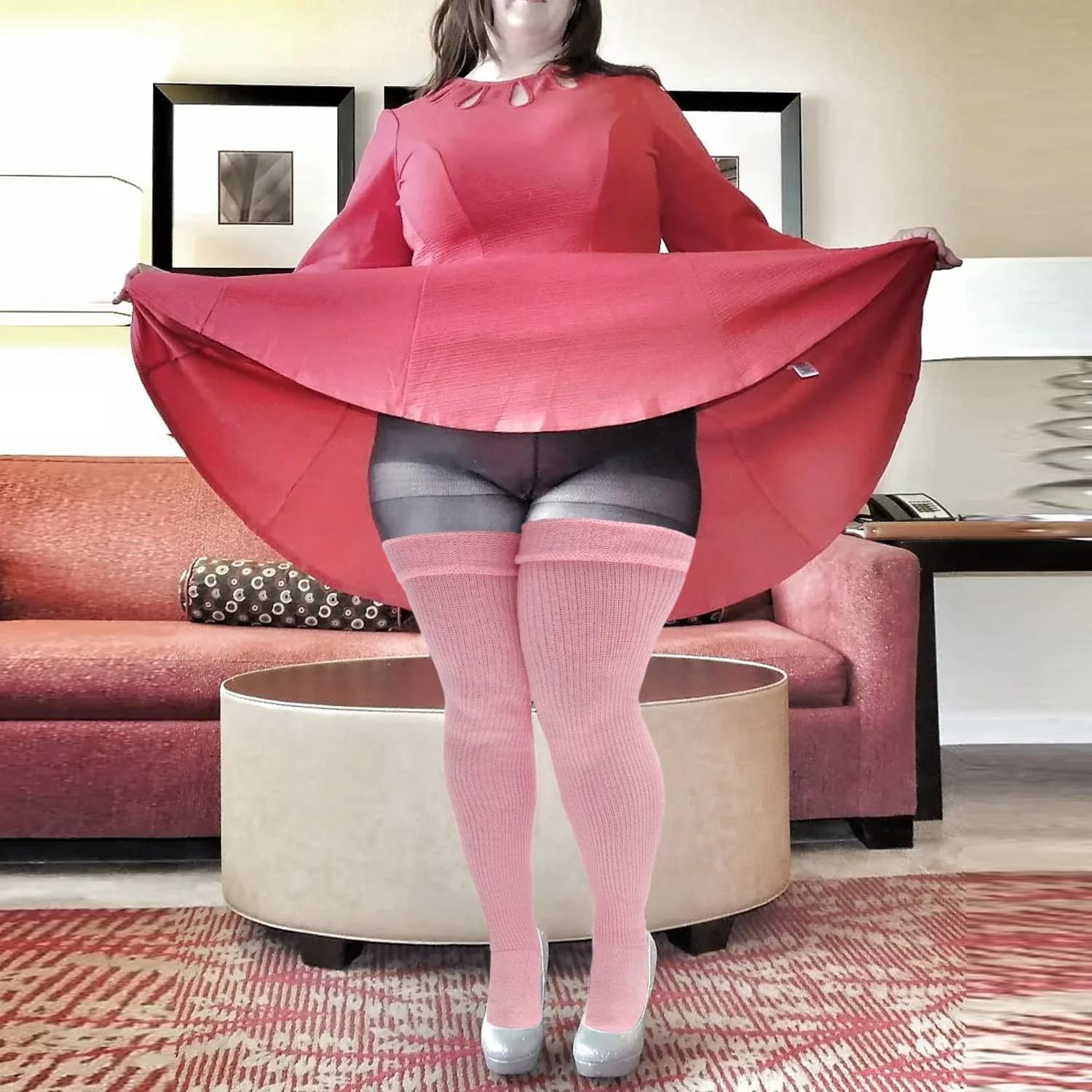 Womens Plus Size Thigh High Socks- Baby Pink - Image 3