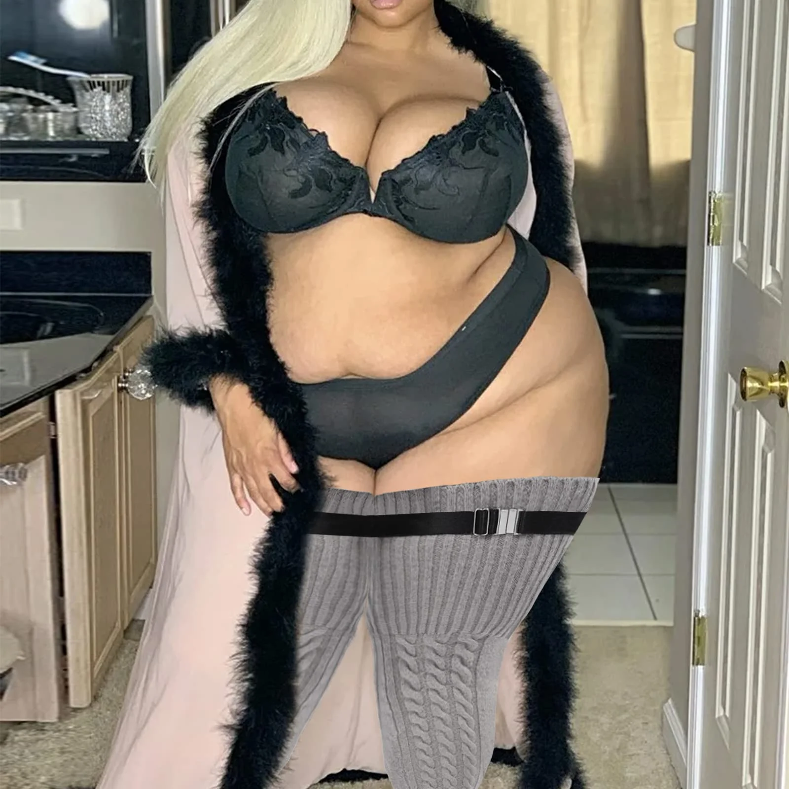 Wool Plus Size Thigh High Socks For Thick Thighs-Grey - Image 3